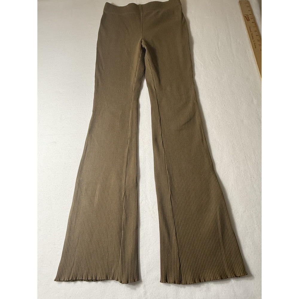 Good American Pants Womens 3 Tan Ribbed Flared Leg Pants Knit Pull On‎